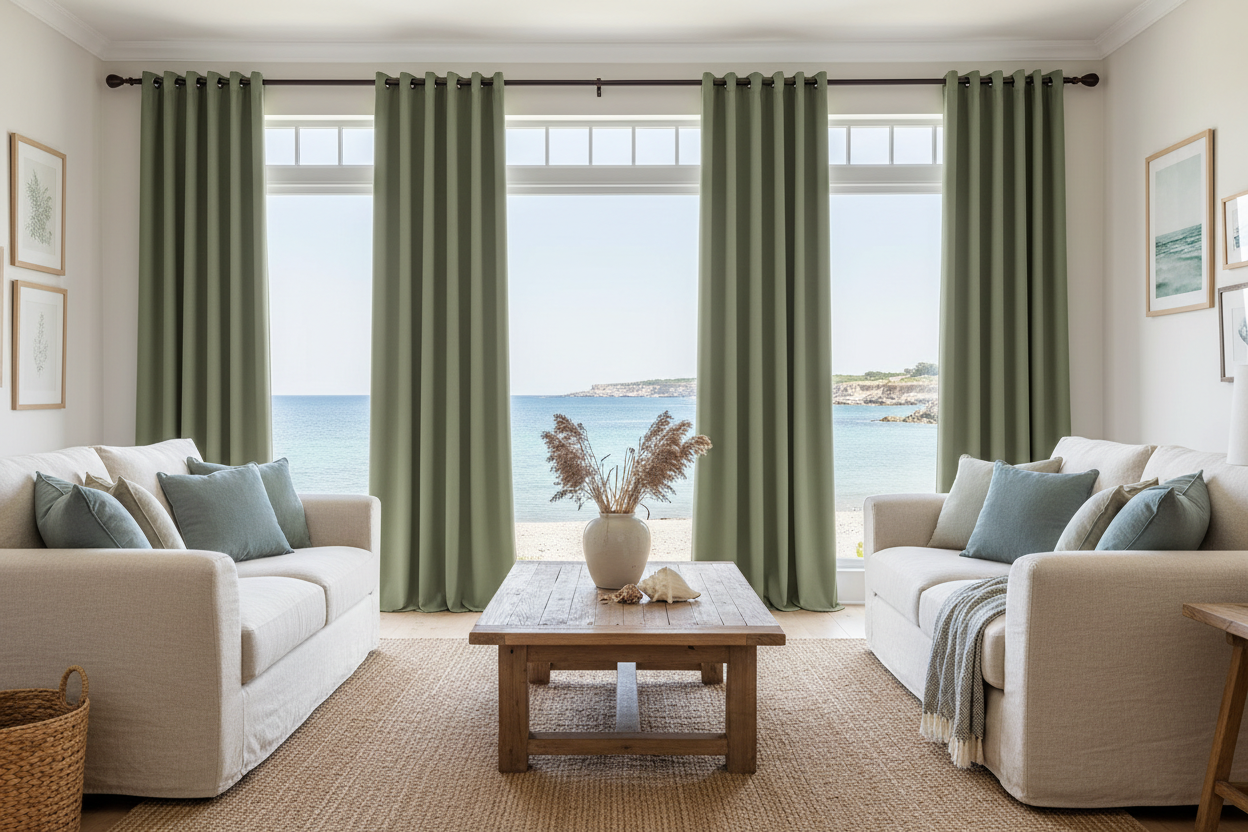 Salon de maison de plage avec rideaux SYLVESTRA vert olive et anneaux