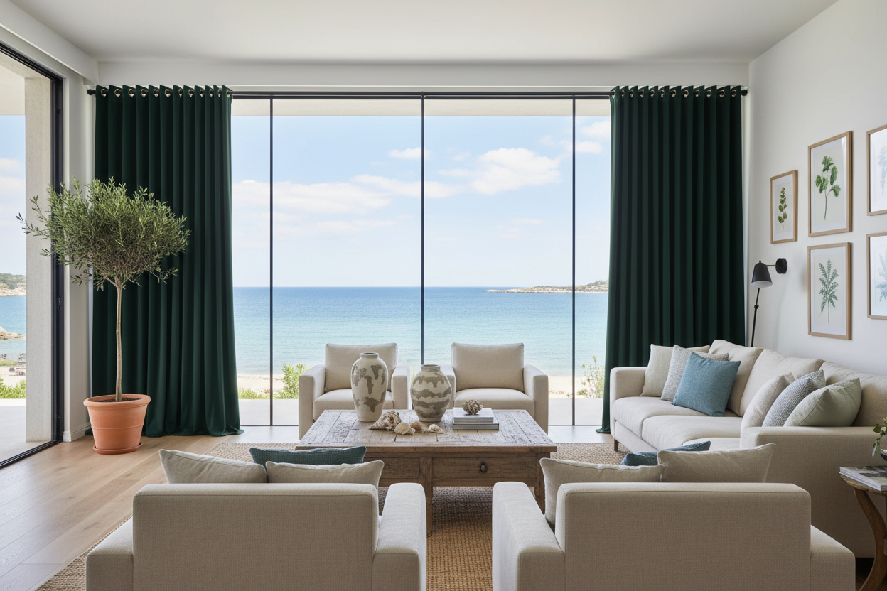 Salon de maison de plage avec rideaux velours VIRIDIAN vert foncé et anneaux