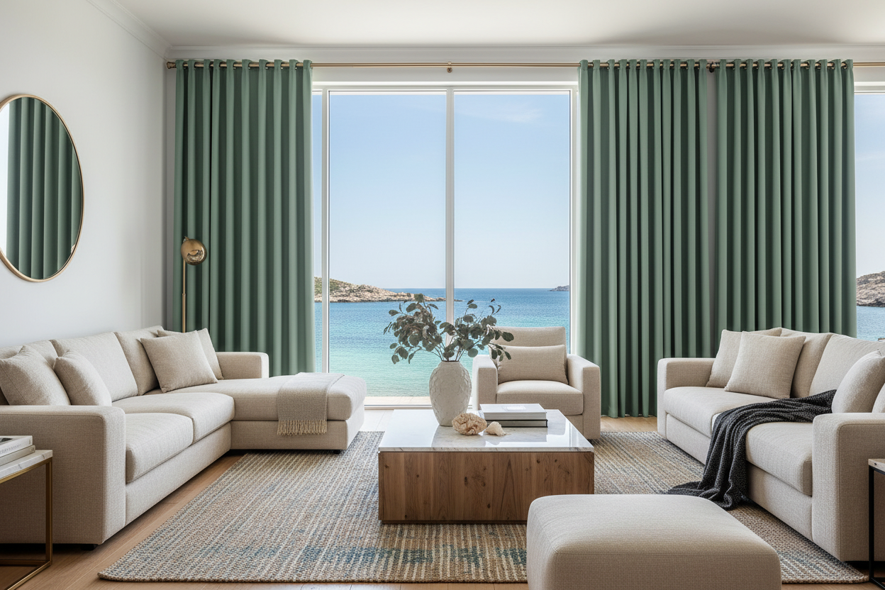 Salon de maison de plage sophistiqué avec rideaux EMERESCO et anneaux