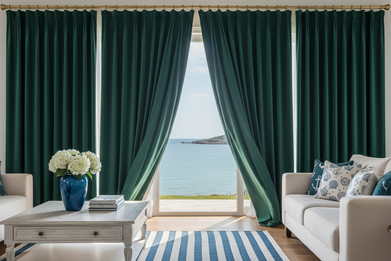 Salon de villa côtière avec rideaux velours VIRIDIAN vert foncé et anneaux