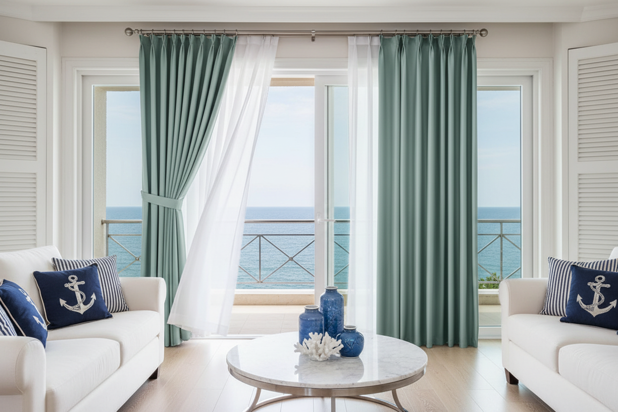 Salon de villa côtière luxueuse avec rideaux EMERESCO et anneaux
