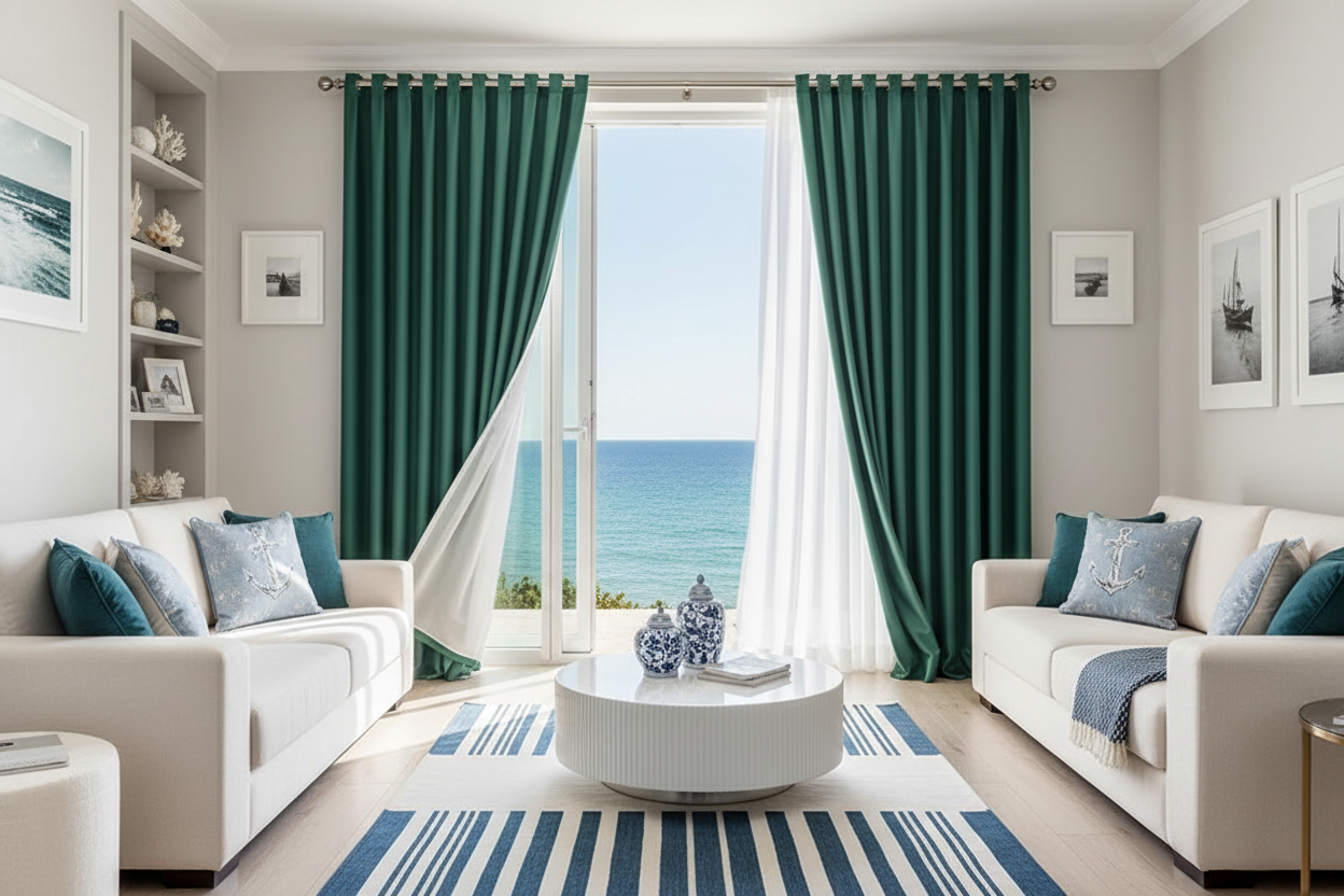 Salon de villa côtière luxueuse avec rideaux EMERESCO et anneaux