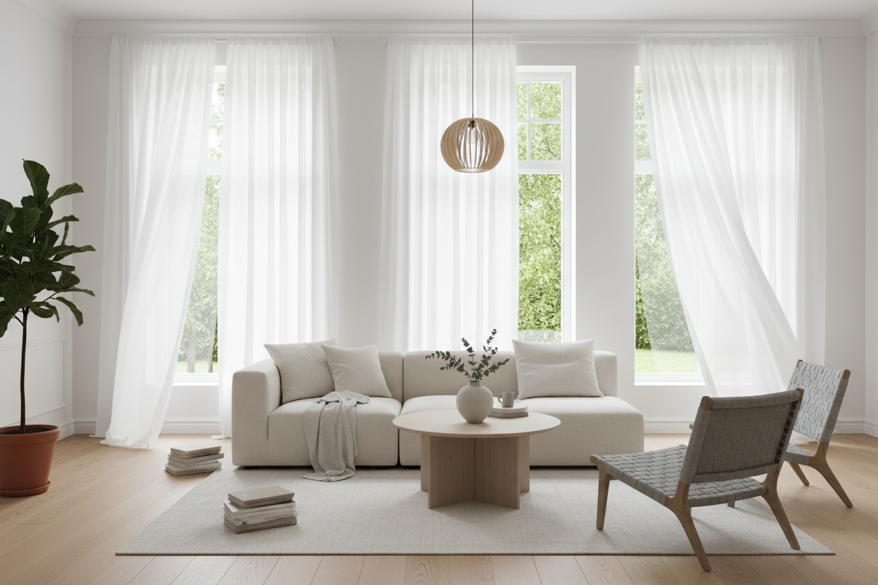 Salon lumineux avec rideaux blancs
