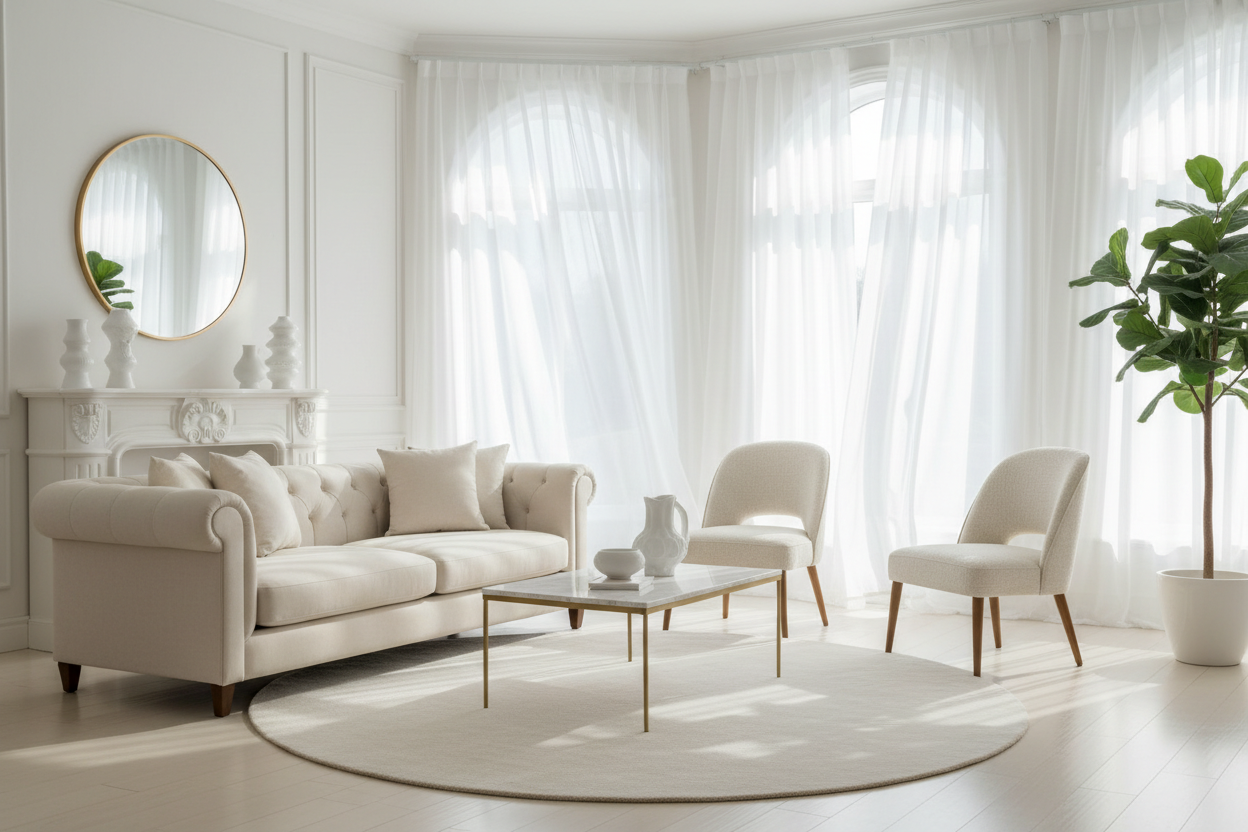 Salon lumineux avec voilages blancs
