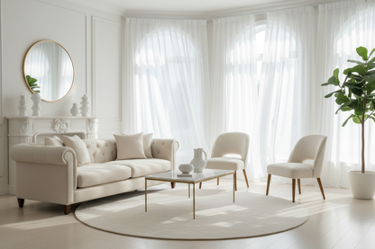 Salon lumineux avec voilages blancs