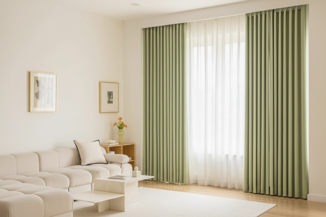 Salon moderne avec rideaux BELMOND vert romarin et anneaux