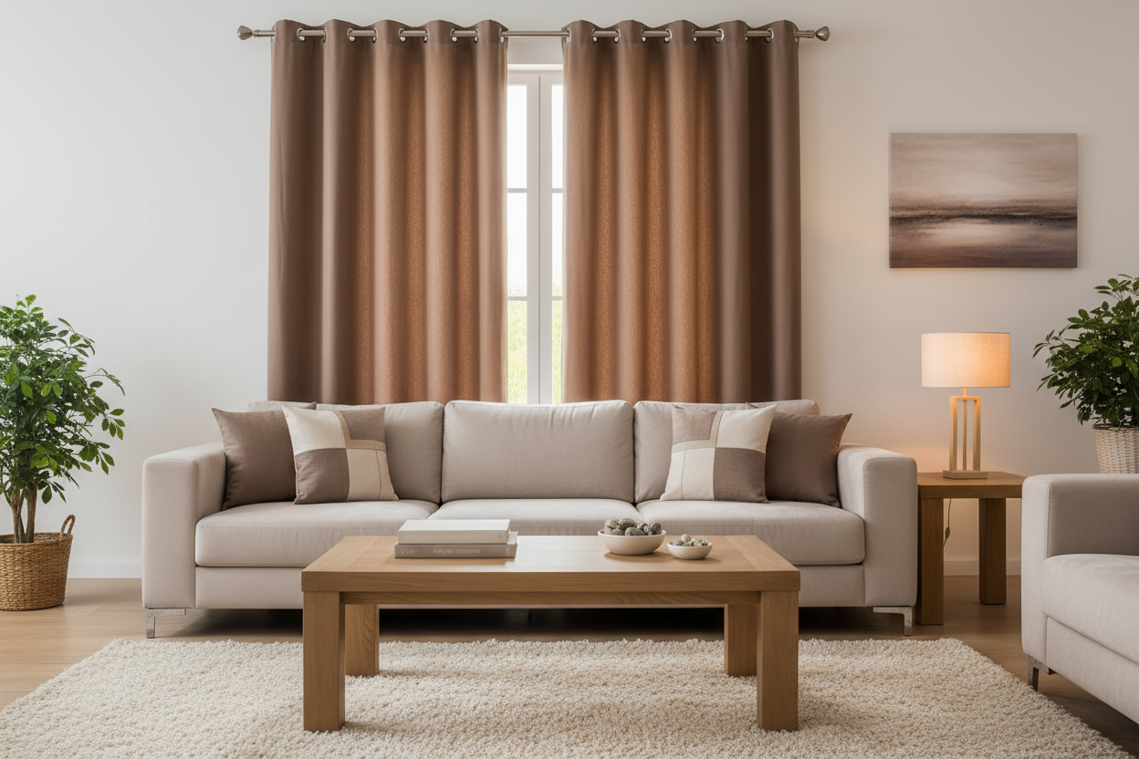 Salon moderne avec rideaux marron