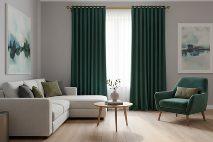 Salon moderne avec rideaux velours VIRIDIAN vert foncé et anneaux