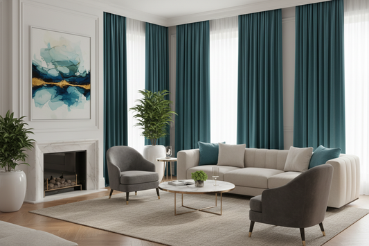 Salon moderne avec rideaux vert turquoise