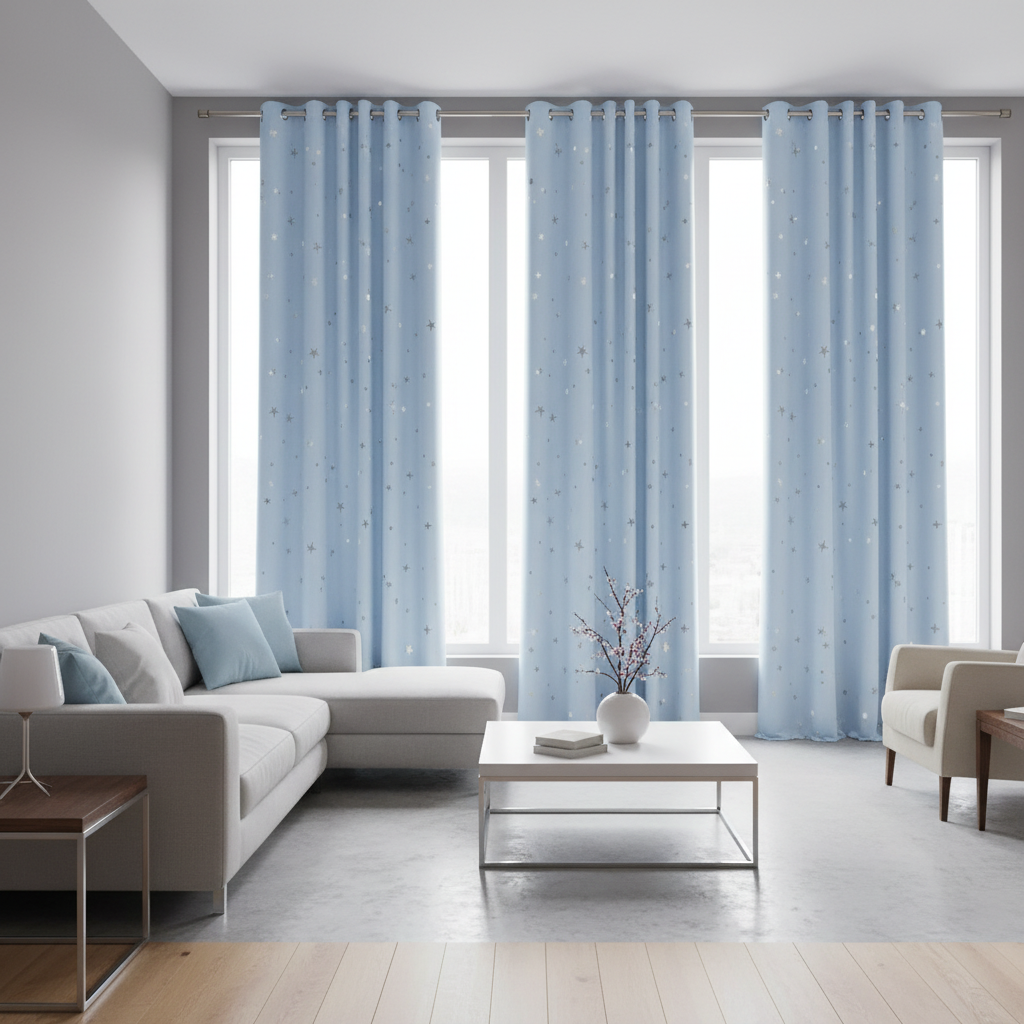 Salon rideaux bleu ciel étoiles