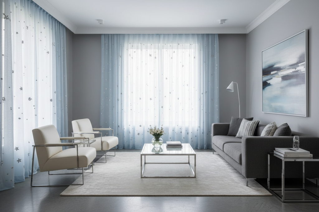 Salon rideaux bleu ciel étoiles