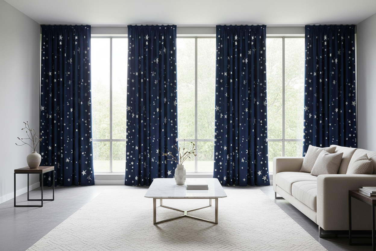 Salon rideaux bleu marine étoiles