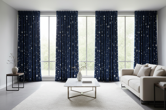Salon rideaux bleu marine étoiles