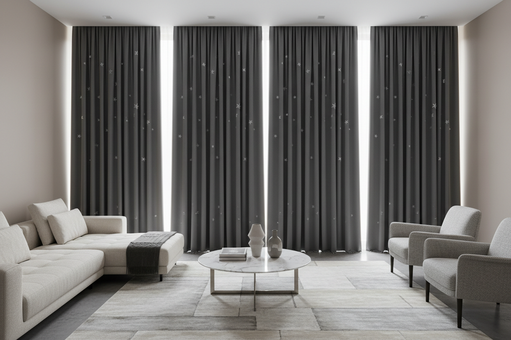 Salon rideaux occultants gris étoiles
