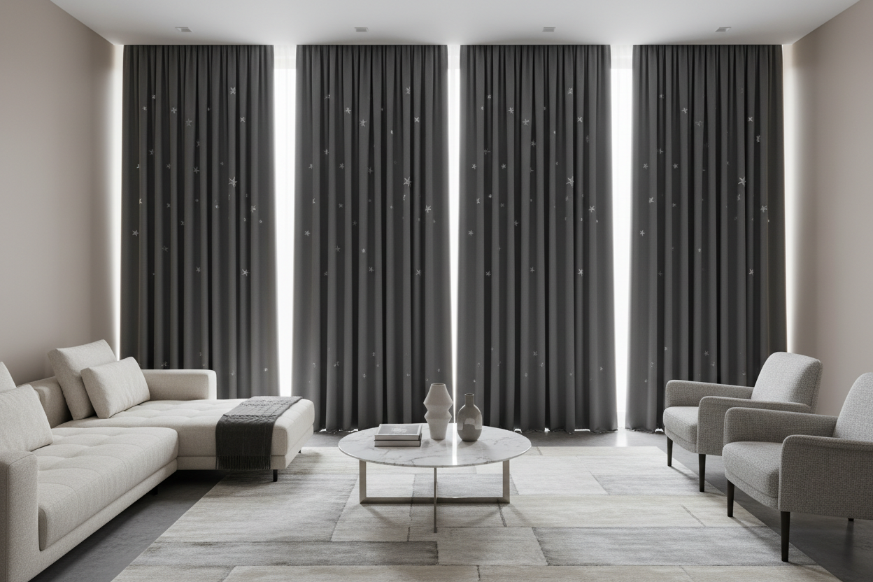 Salon rideaux occultants gris étoiles