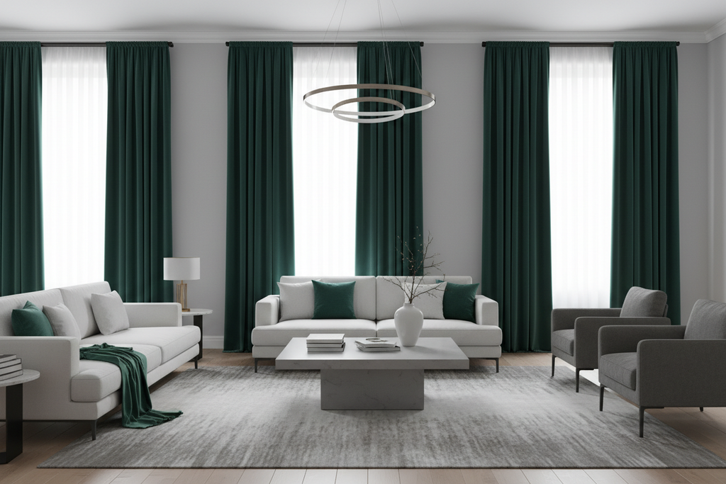 Salon rideaux vert émeraude