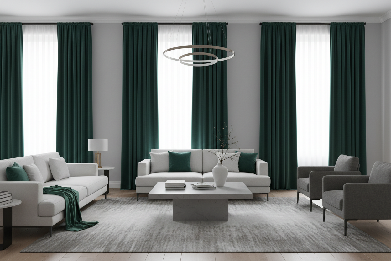 Salon rideaux vert émeraude