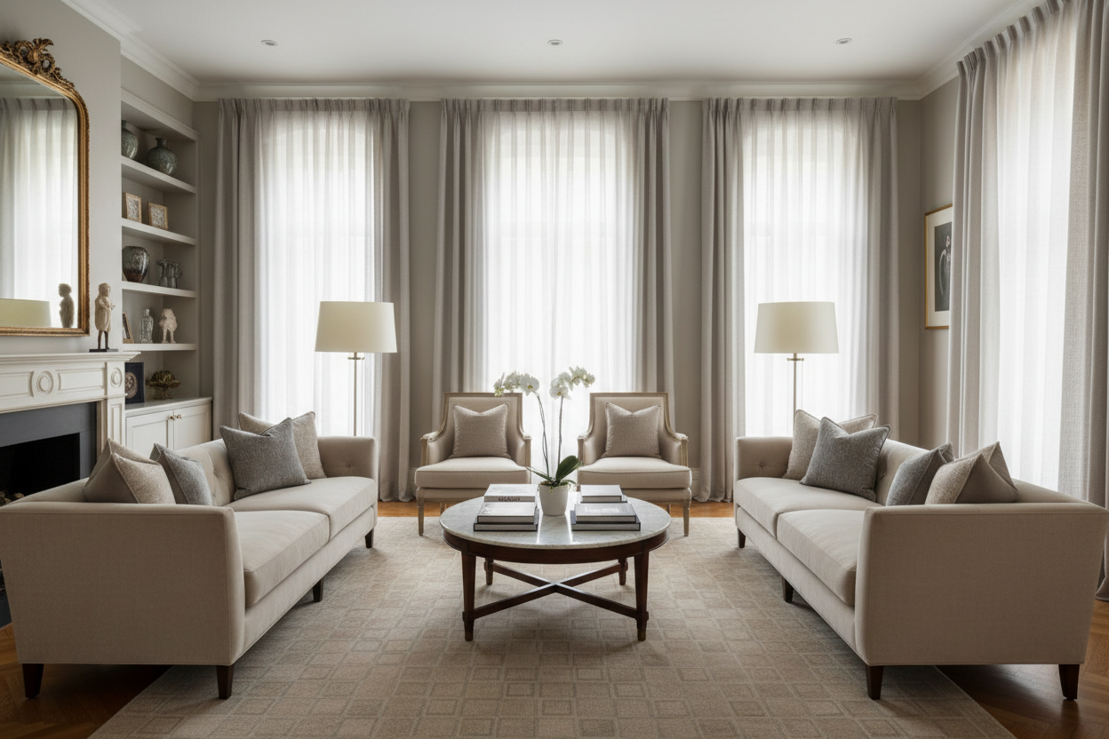 Salon sophistiqué avec rideaux gris