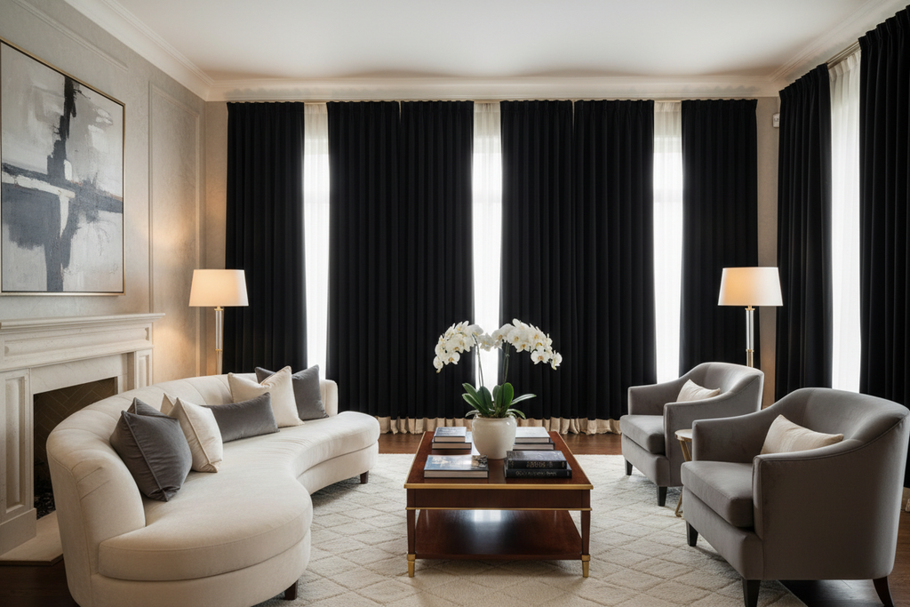 Salon sophistiqué avec rideaux noir