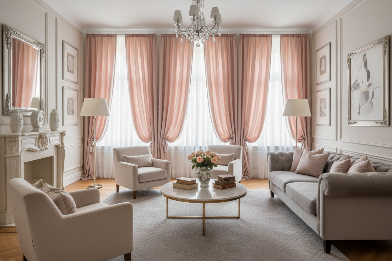 Salon sophistiqué avec rideaux rose