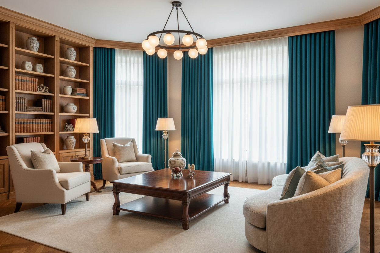 Salon sophistiqué avec rideaux vert turquoise