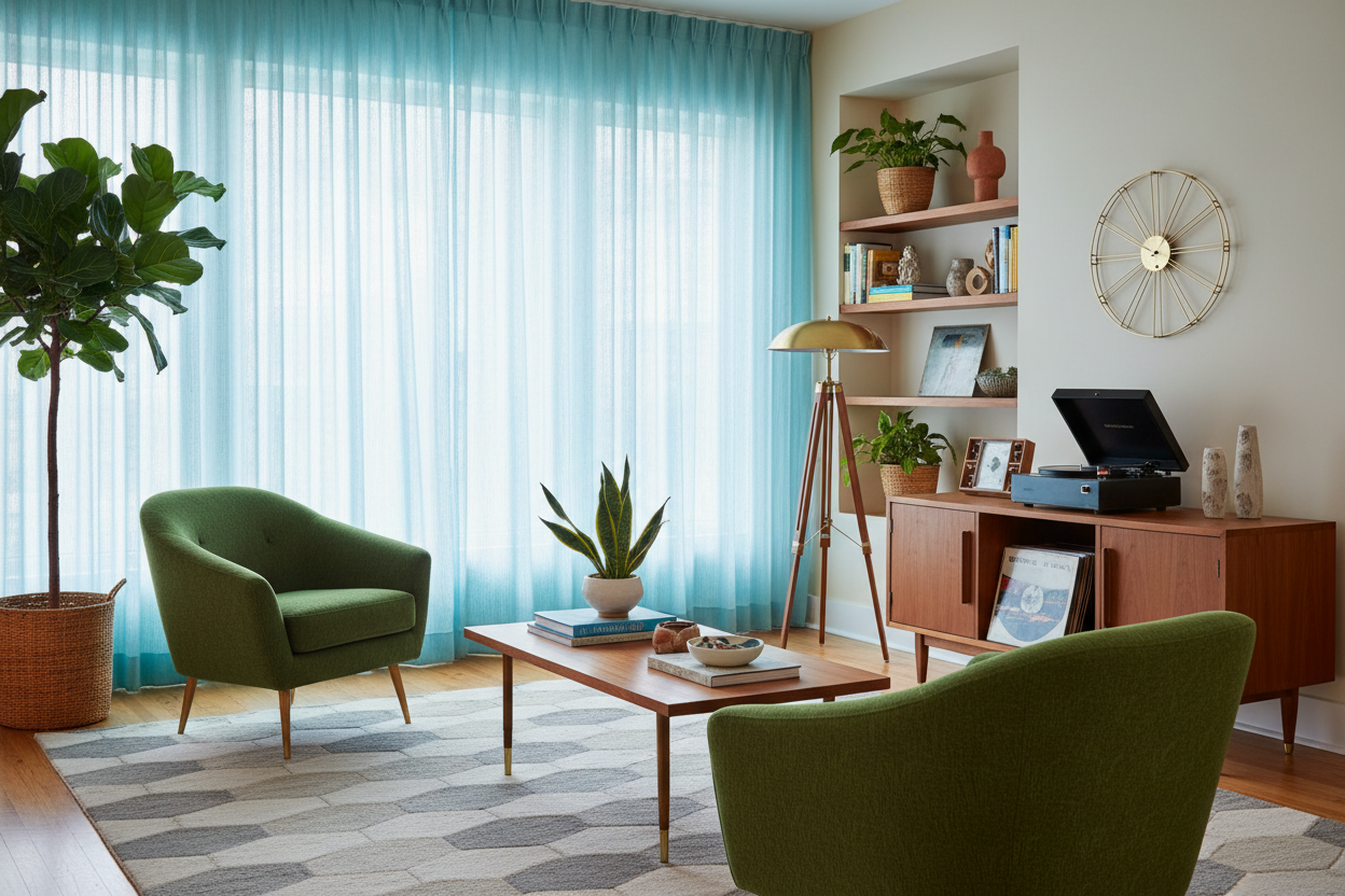Voilage bleu aqua - Mid-century