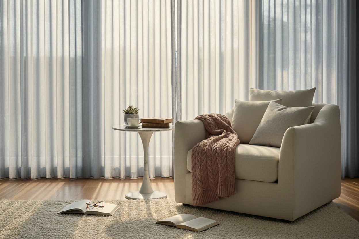 Voilage gris - Coin lecture