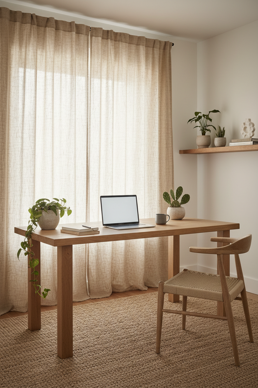 Voilage lin beige bureau